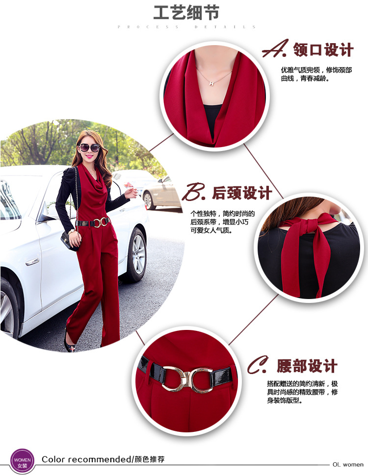 OEHE 2015秋冬新款韩版修身两件套女时尚显瘦堆堆领长袖套裤 酒红色 M