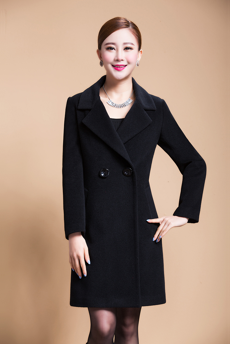 
                                                            艾莱度毛呢大衣女2017秋新款风衣大码女装韩版加厚中长款西装仿羊毛呢子外套 黑色 4XL                