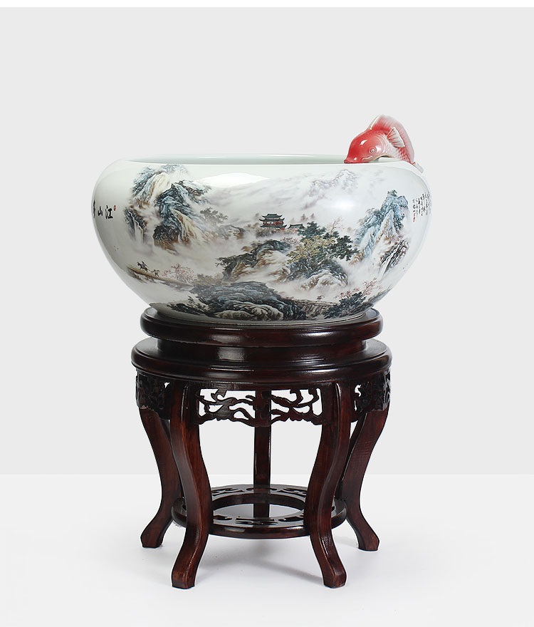 
                                        养荷花 水箱族包邮 景德镇陶瓷金鱼缸  手绘清荷过滤喷水风水乌龟缸 榆木底座风水摆件 D款                