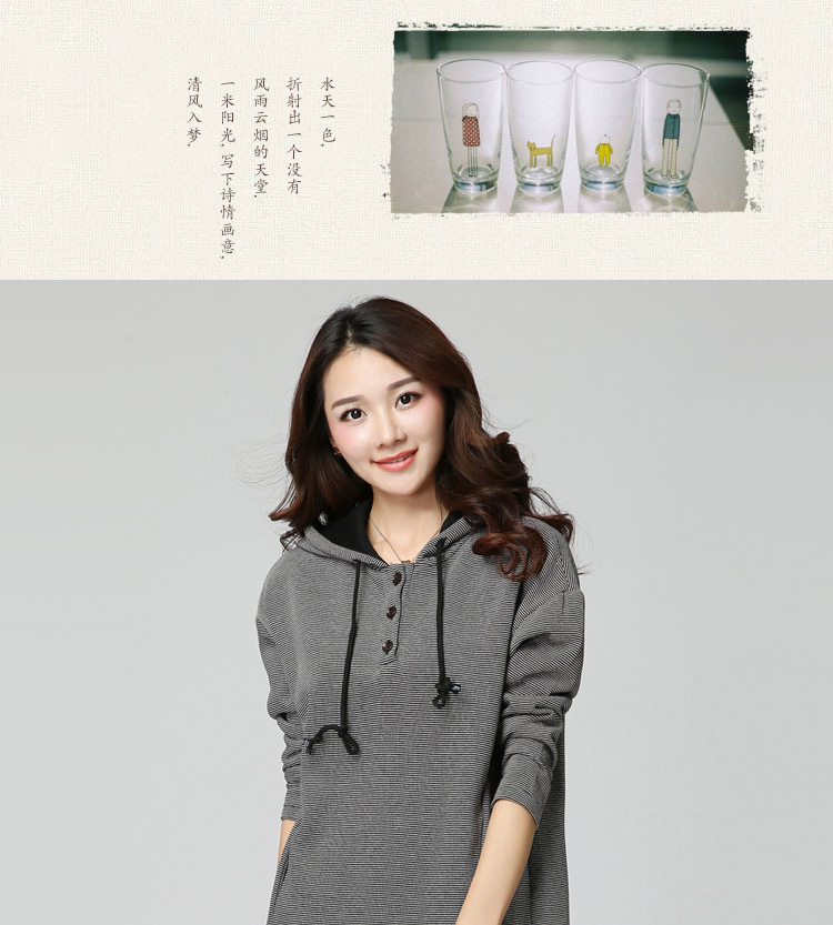 初菱秋季新款长袖连帽套头卫衣女棉条纹休闲大码女外套 蓝条纹 L