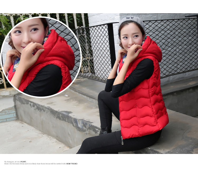 YN2015秋冬新款韩版印花短款羽绒服女马甲轻薄立领连帽背心羽绒棉外套 红色 XL