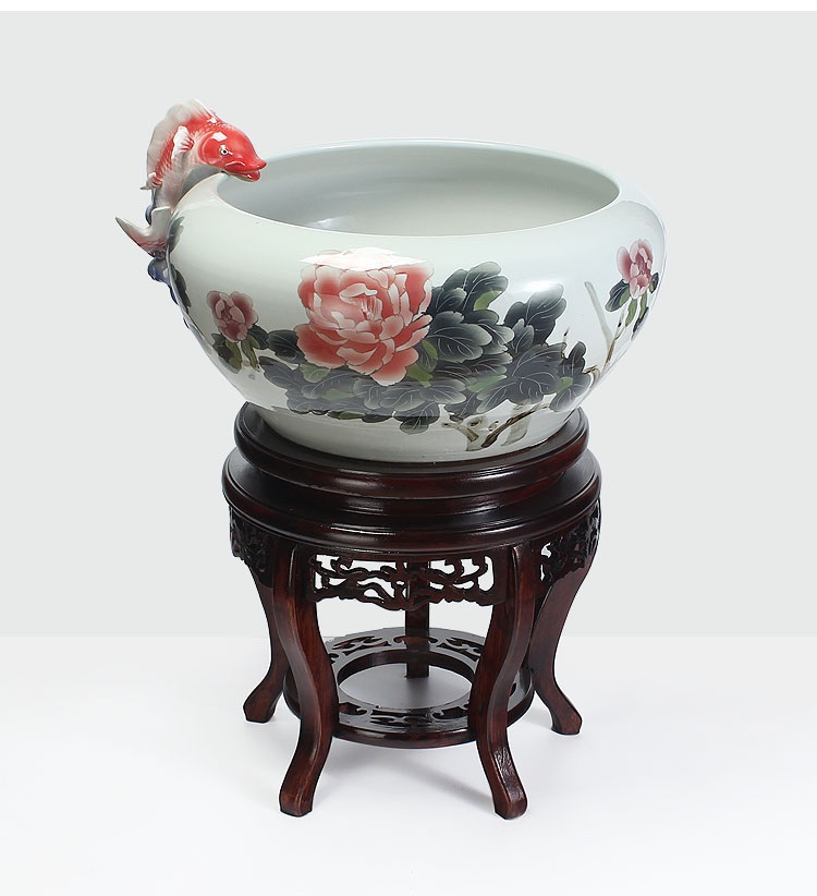 
                                        养荷花 水箱族包邮 景德镇陶瓷金鱼缸  手绘清荷过滤喷水风水乌龟缸 榆木底座风水摆件 D款                