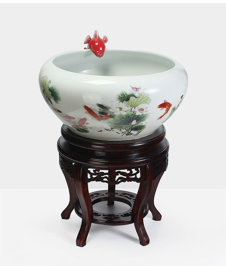 
                                        养荷花 水箱族包邮 景德镇陶瓷金鱼缸  手绘清荷过滤喷水风水乌龟缸 榆木底座风水摆件 D款                