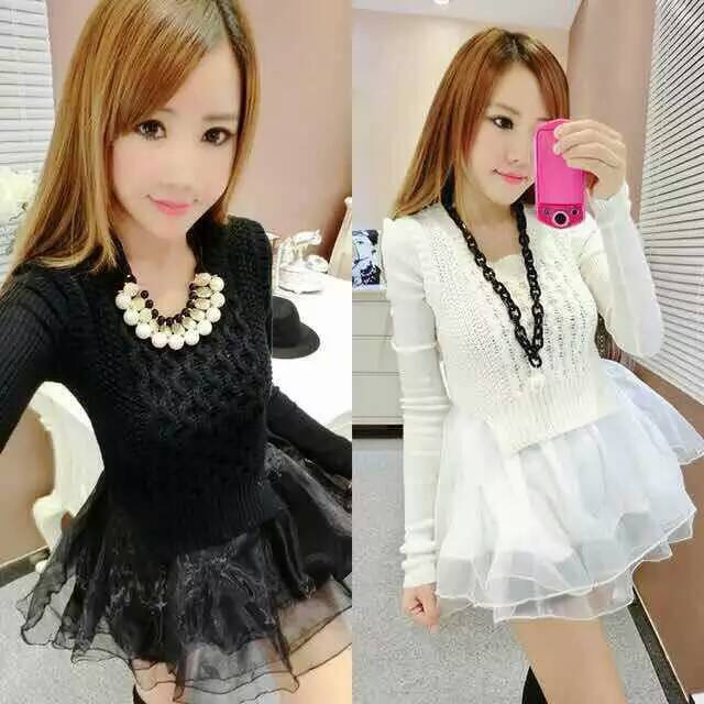 姿蔓薇2015秋冬新款韩版女装套头毛衣针织衫欧根纱打底裙假两件装连衣裙681 绿色 均码