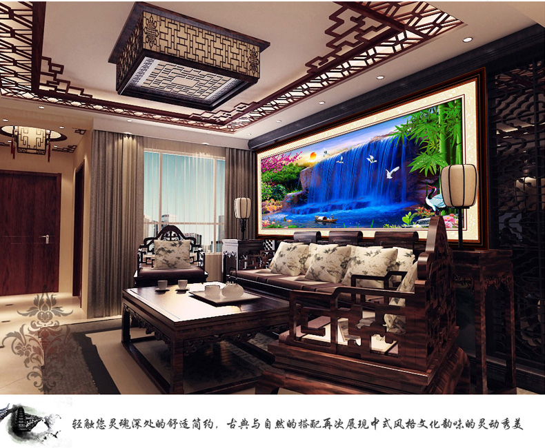 织巢鸟满钻钻石贴十字绣钻石绣3d流水生财客厅新款风景山水画2米财运亨通钻石画十字绣满绣印花 方钻满钻 250*114cm