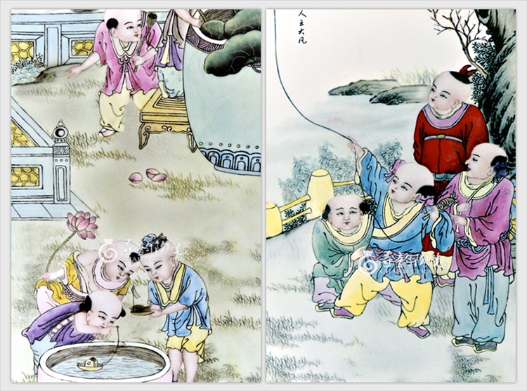 迪胜 景德镇陶瓷粉彩仿古瓷板画五子登科 中式装饰画客厅走廊壁画 仿古实木框红木色