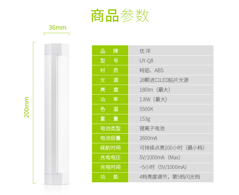 
                                        
                                                            优洋 led应急灯家用充电照明灯USB补光棒可调光带磁铁便携灯 Q8/Q8T Q8白色不带手电筒                