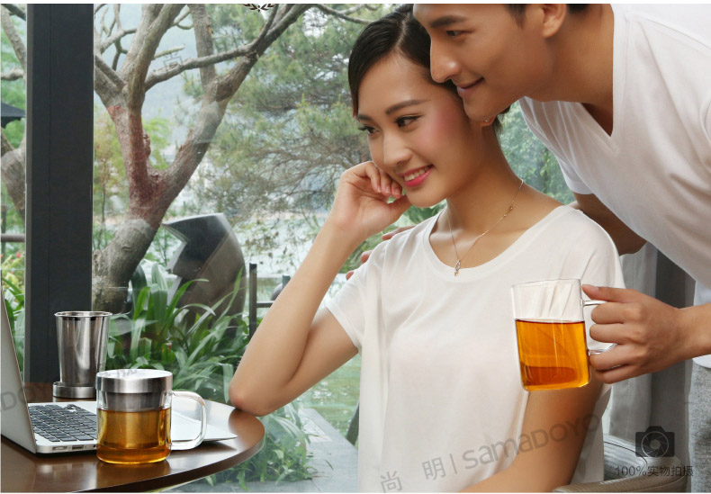 【618同价】尚明耐热玻璃杯 不锈钢过滤带盖泡茶杯 隔热玻璃茶杯 带把办公水杯 透明把柄500毫升