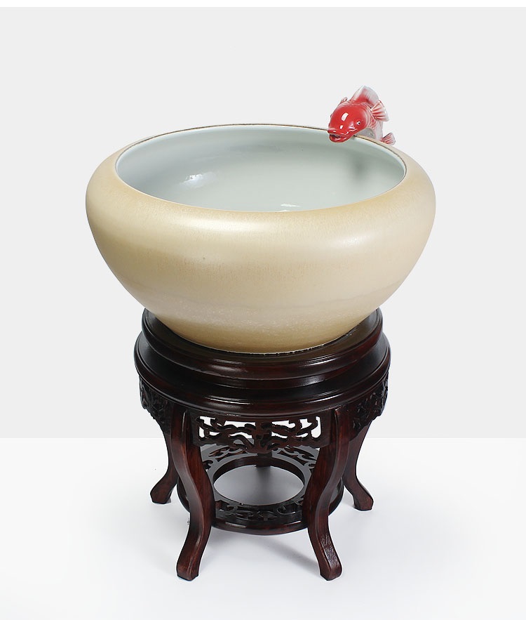 
                                        养荷花 水箱族包邮 景德镇陶瓷金鱼缸  手绘清荷过滤喷水风水乌龟缸 榆木底座风水摆件 D款                