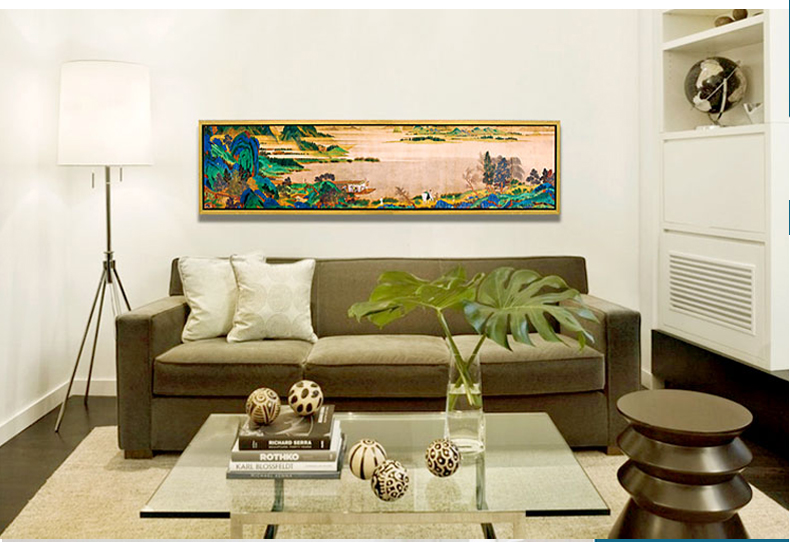 梦雅莉 卧室中式床头画现代简约卧室背景墙单幅横幅挂画装饰画 浔阳送别图 黑色外框138*33cm