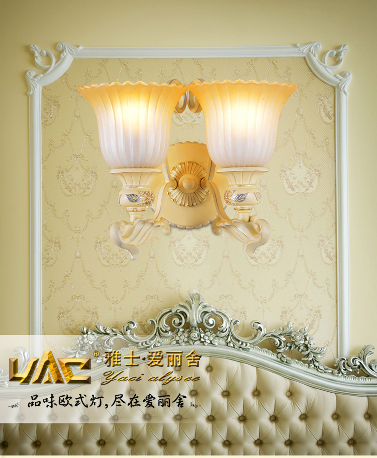 雅士爱丽舍 欧式壁灯 客厅卧室餐厅书房 彩描手绘田园浪漫风铁艺树脂灯 YC-91466 2头-壁灯