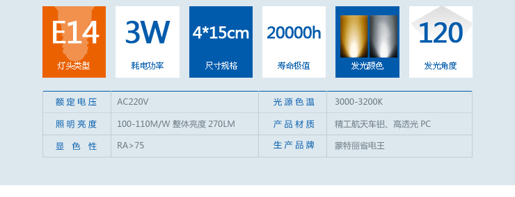 蒙特丽 省电王led灯泡3w拉尾E14螺口炫银铝光源 弯管灯烛台灯吊灯用途 白光(1个装)