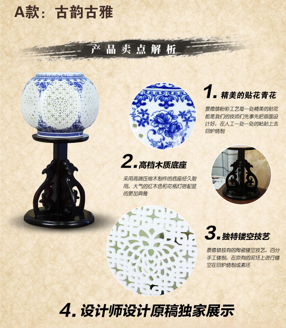 青花陶瓷装饰台灯 卧室床头灯具 中式喜庆灯饰送LED光源景德镇唐英 温婉浪漫 古韵古雅