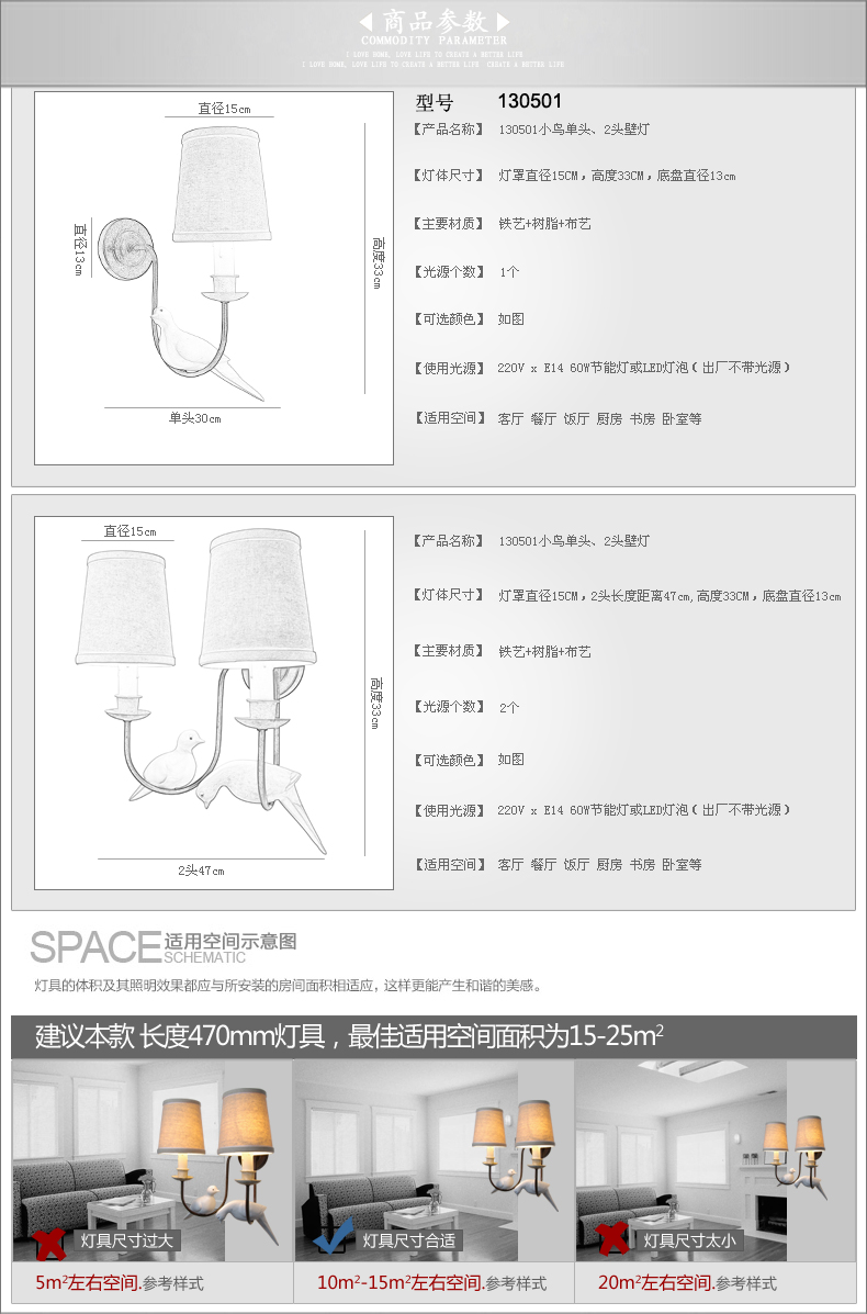 集和 壁灯美式乡村小鸟灯具 客厅走廊过道灯饰 北欧宜家卧室复古床头壁灯 布艺灯罩(单头)小鸟壁灯