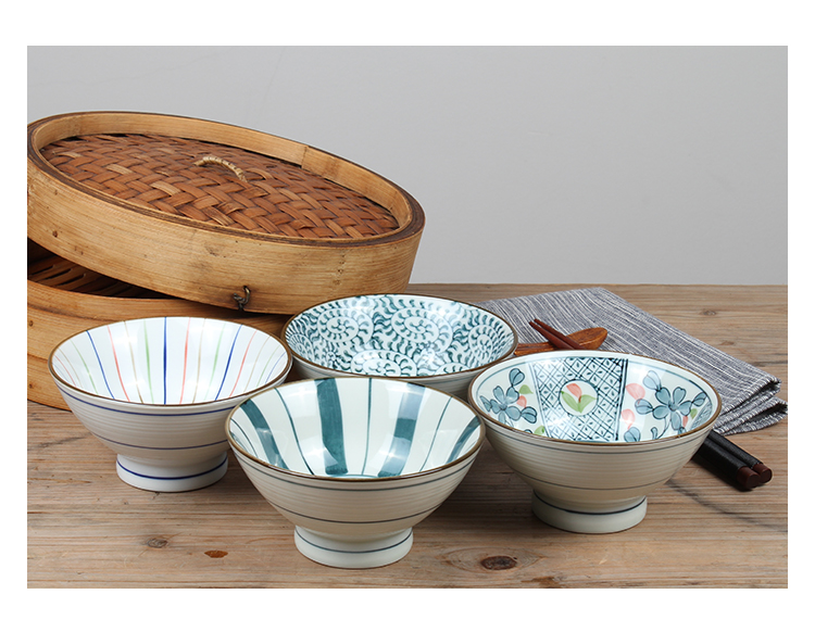 
                                        素珀 4.75英寸古朴釉下彩手绘青釉青花瓷日式和风餐具陶瓷饭碗 碗套装 米饭碗 4色4只装                
