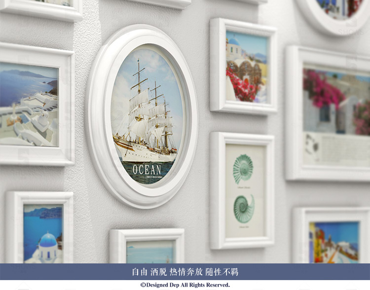 
                                        首玺 简欧餐厅照片墙地中海挂墙相框墙欧式小客厅创意相片墙W16 情迷地中海-蓝白框 整体尺寸170cmX78cm                