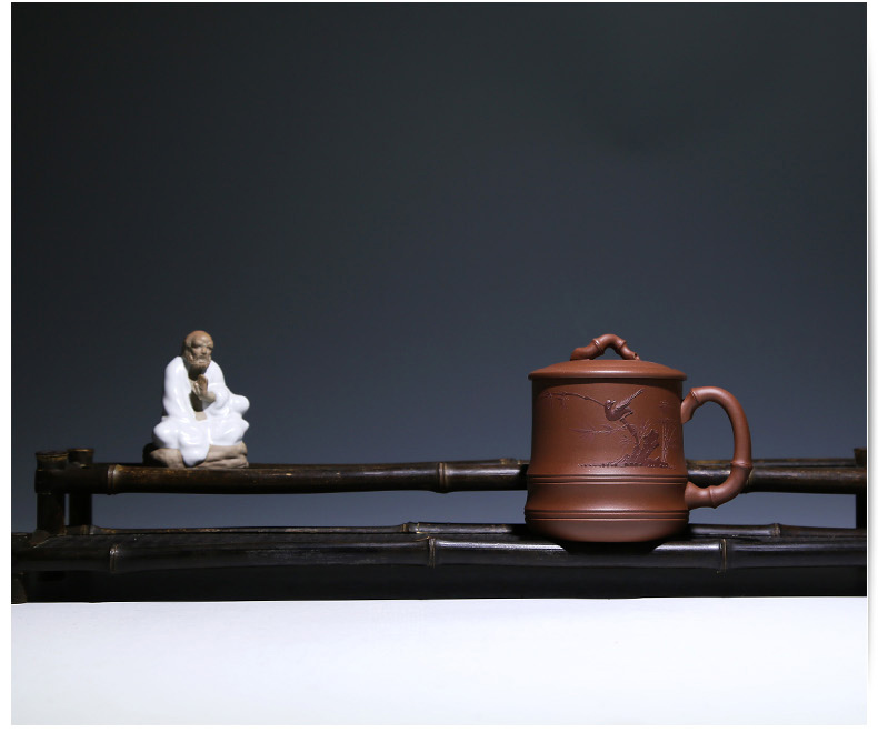 紫砂杯子宜兴全手工茶杯茶壶茶具紫砂壶杯功夫原矿紫砂盖杯名家  泥绘竹韵 珍藏