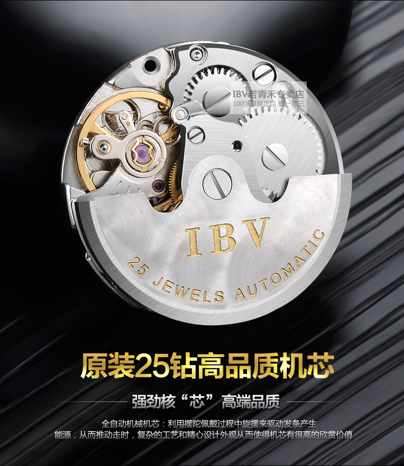 ibv女士手表 全自动机械女表 满天星镶钻夜光女士腕表8629 银色黑面