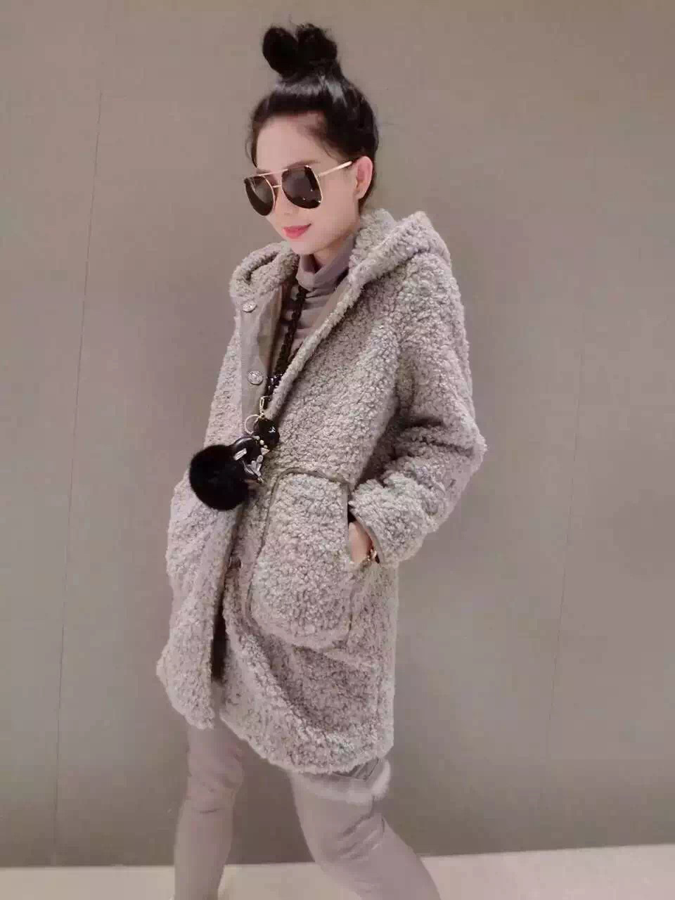 梦婕妤 欧洲站2015冬装新款修身显瘦中长款毛呢大衣羊羔毛保暖外套女装潮 粉红色 XL