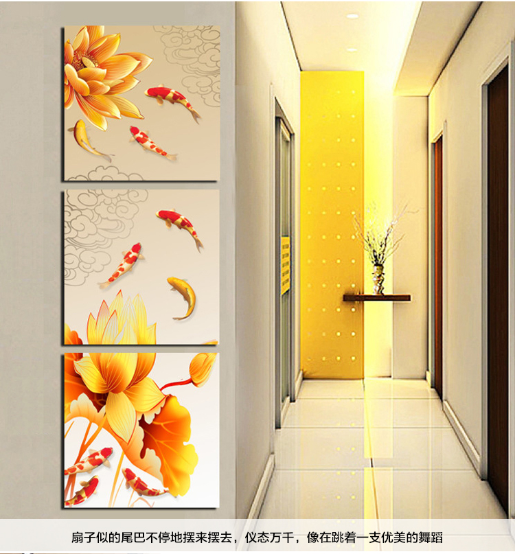 孖堡家居油画 客厅现代装饰画挂画壁画 荷花九鱼图竖版装饰画 无框画三联画一整套三件套 70cm*70cm*3副