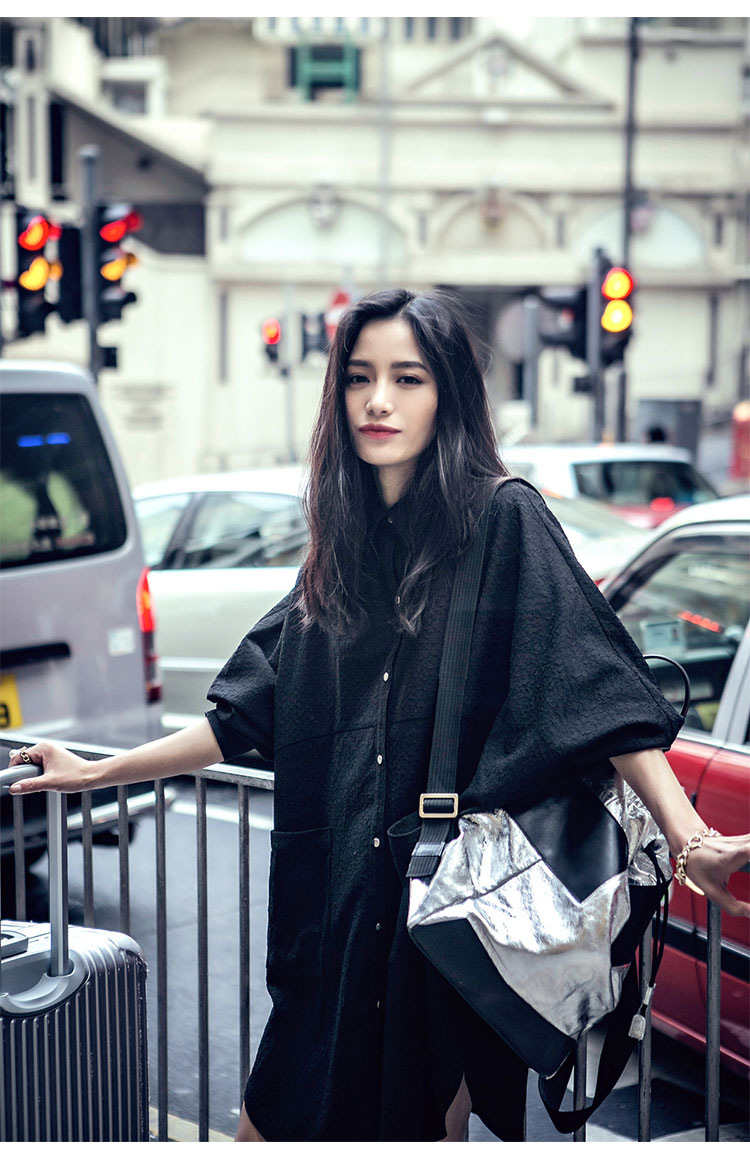 珞俐娅 2015秋季新款街拍大牌宽松七分袖中长款肌理衬衫裙女 黑色 均码