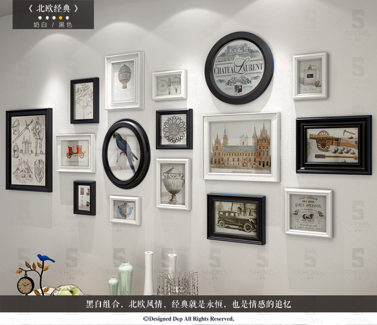 
                                        首玺 简欧餐厅照片墙地中海挂墙相框墙欧式小客厅创意相片墙W16 情迷地中海-蓝白框 整体尺寸170cmX78cm                