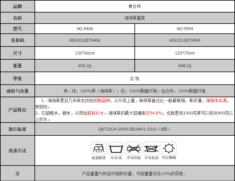 
                                                                                黄古林 儿童凉席婴儿床草席单席子 海绵草童席 不含枕头 120*60cm                