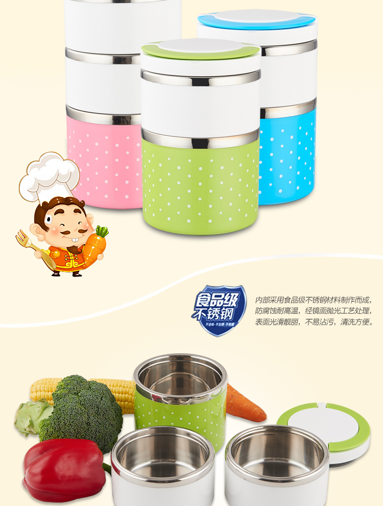 博尔乐 不锈钢三层保温饭盒1480ml 彩色便当盒 学生饭盒 典雅蓝