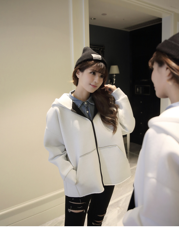 涩依2015秋冬新款女装冬上新宽松连帽棒球服学生宽松短外套6056 米白色 M