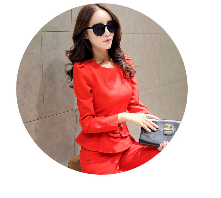 莎德妮 2015新款秋装时尚休闲套装女名媛长袖韩版修身显瘦两件套套裤潮休闲职业装长袖上衣 红色 M