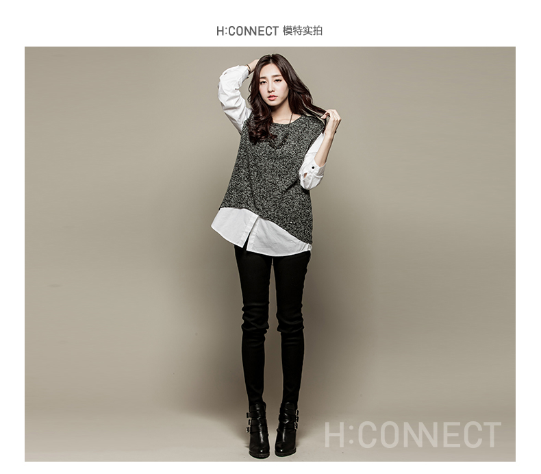 H:CONNECT韩版时尚女款假两件拼接针织衫长袖休闲打底t恤秋季新款 076拼接 S