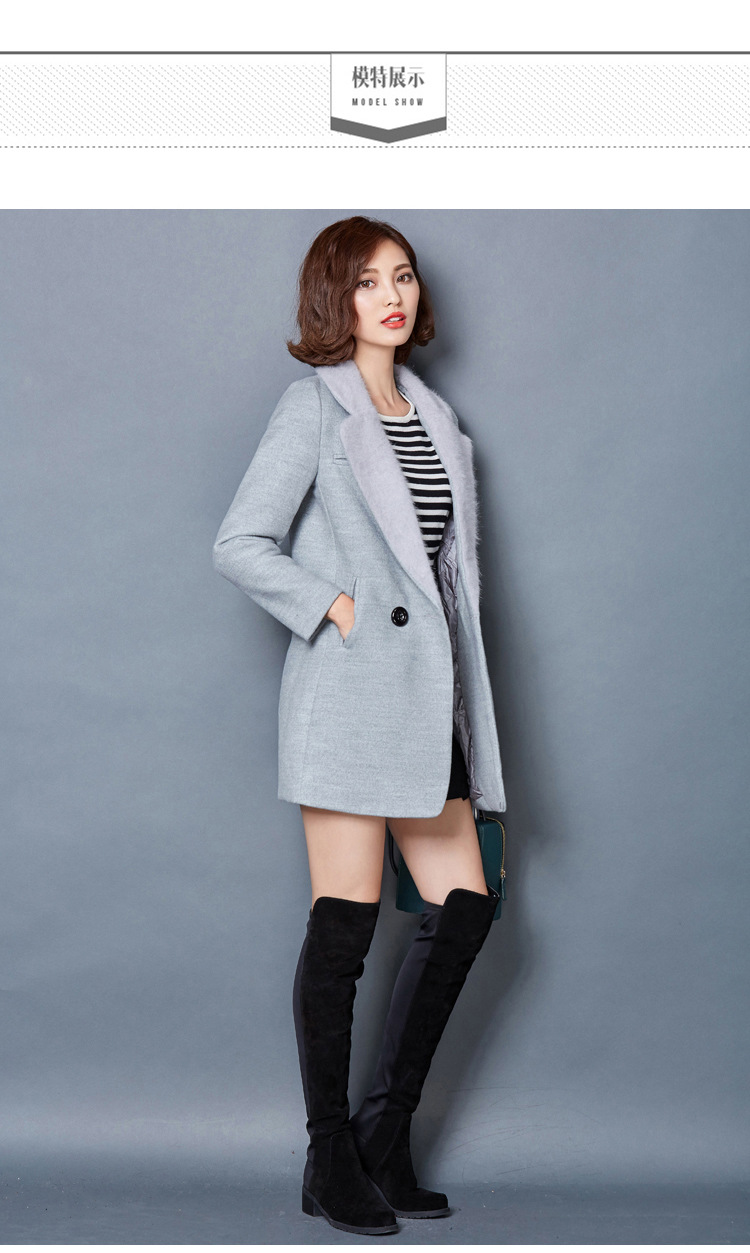 怡情蜜2015冬装新款加厚夹棉大码毛呢外套女中长款韩版仿貂毛领毛呢大衣中长款 冬 灰色 2XL