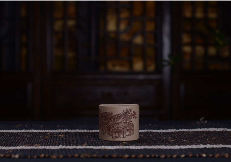 弘盛窑 全手工紫砂 茶杯 品茗杯 主人杯 功夫茶杯 手刻限量个人杯 青灰泥紫砂小杯 青灰泥莲蓬小号
