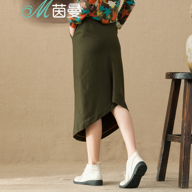 【初秋特惠】茵曼 简约皮料拼接羊毛呢料半身长裙【843...
