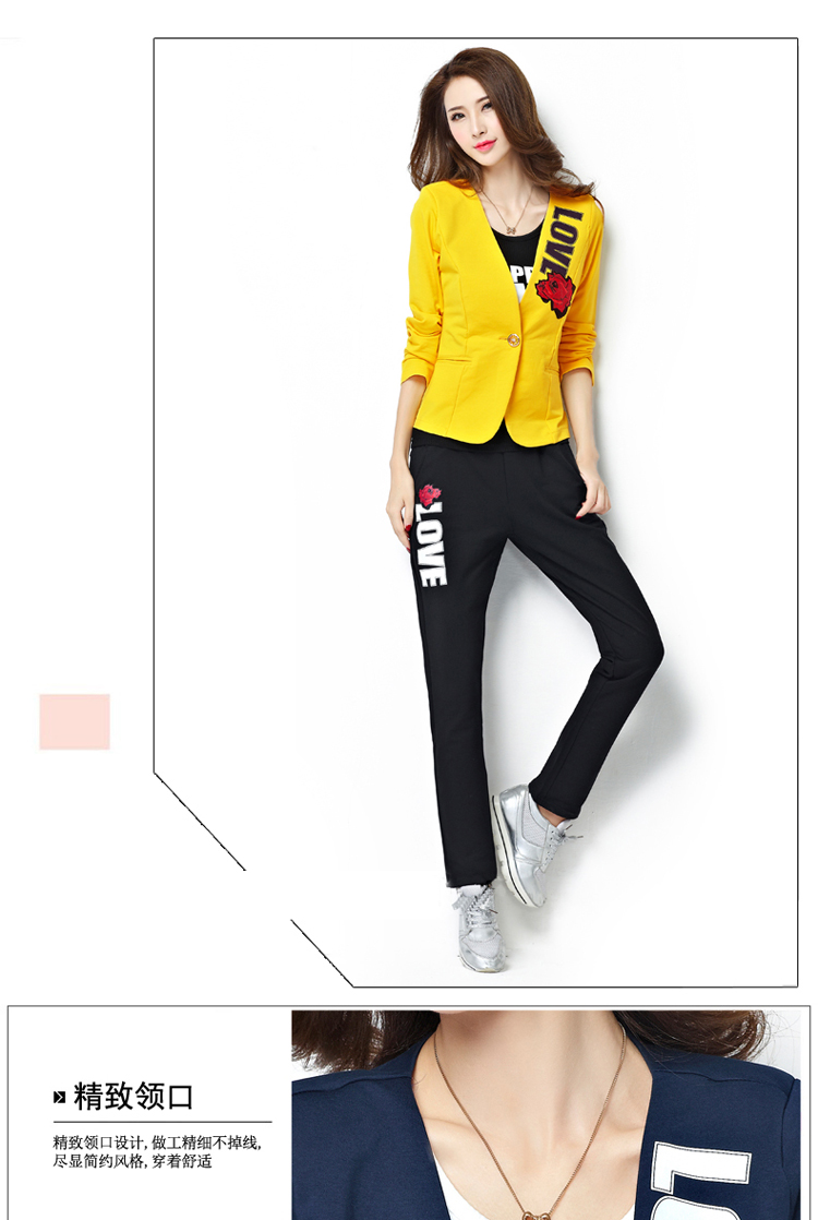 歌妮萱2015秋装新款时尚休闲印花长袖三件套 西服外套女 白色 XXXL