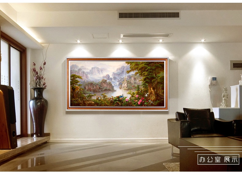 
                                        纵海艺术 办公室油画 聚财旺运 现代中式客厅沙发背景墙壁挂画 风景山水画 聚宝盆装饰画 标准款画框 80*160                