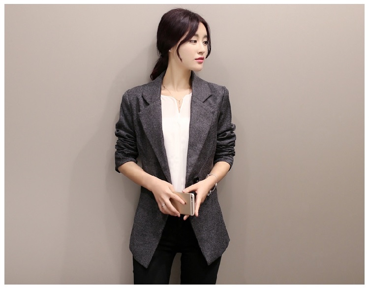 HI!JANE2016春秋季新款女士小西装长袖韩版外套秋装修身职业女装棉麻小西服女 黑色 XXL