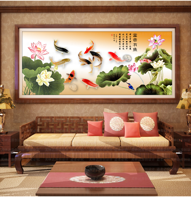 
                                        芙林达 5d钻石十字绣客厅新款大幅精准印花富贵有余绣线十字绣九鱼图荷花钻石绣 不满钻 180*75cm 魔方钻钻石画                