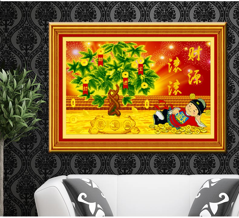 
                                        欧伦皇室魔方钻石十字绣钻石画新款摇钱树5D钻石绣贴钻画满钻财神爷客厅画圆钻石贴画砖石绣水钻 QT6458财源滚滚 尺寸长约75cm宽约50cm                