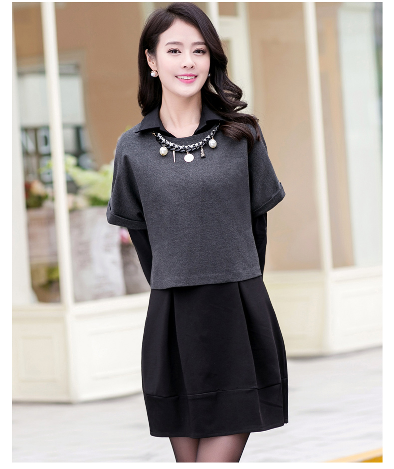 妮丝轩纺 2015秋装新款连衣裙修身显瘦长袖两件套女裙 灰色 4XL