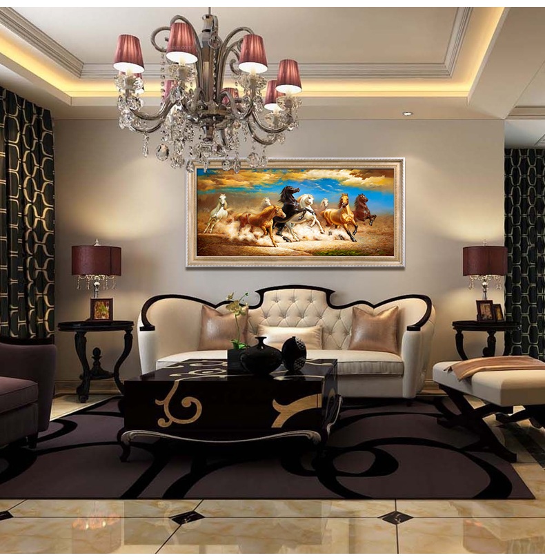 
                                        纵海艺术 客厅装饰画 办公室书房油画 沙发背景墙壁画 马到成功 八骏图 中式风水挂画 豪华款 90*170                