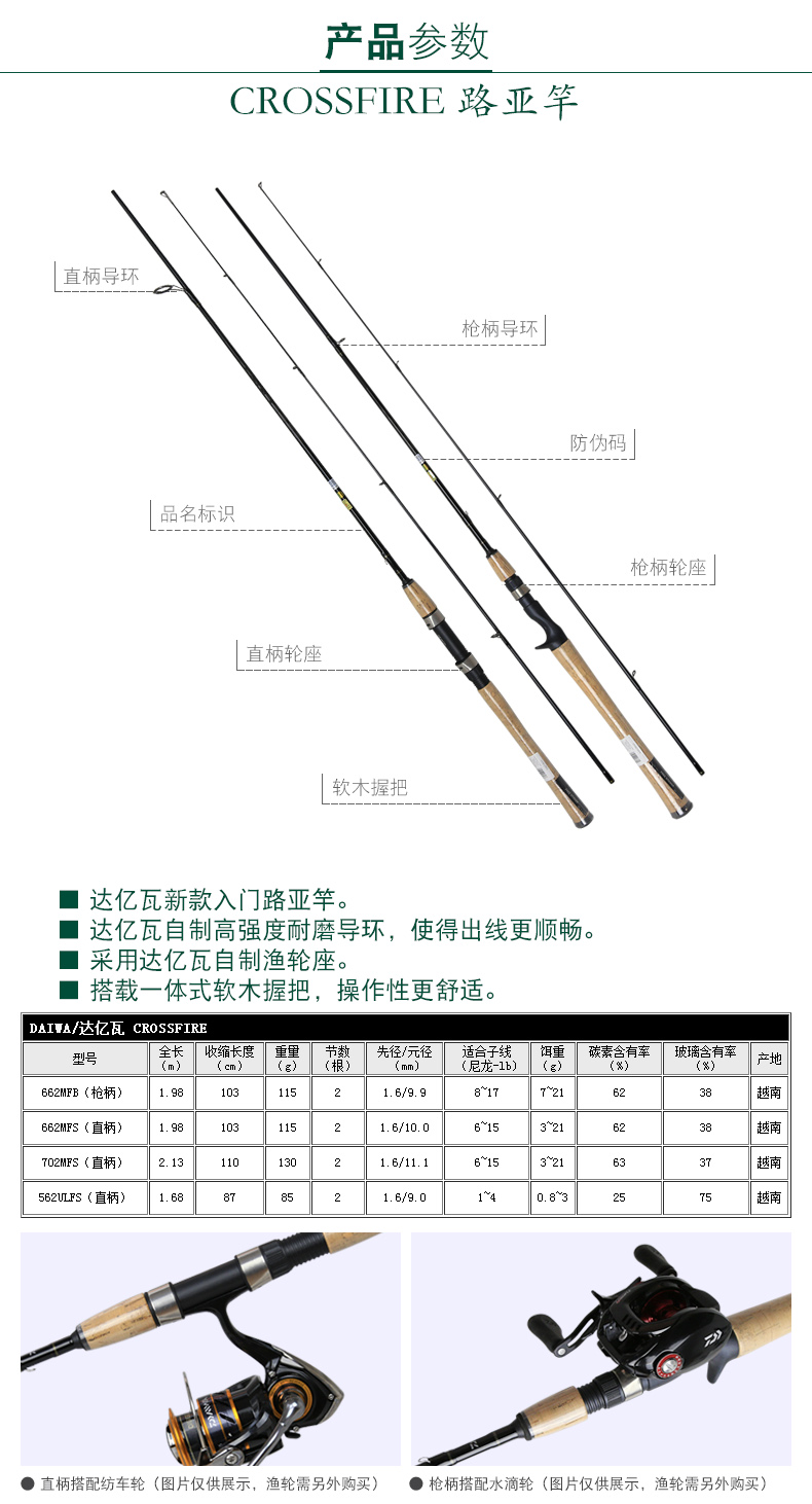 达亿瓦(daiwa)crossfire 路亚竿 直柄碳素钓鱼竿 662mfb(1.