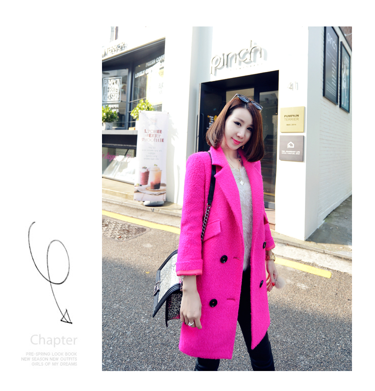美思晨 2015秋冬季新款韩版毛呢大衣外套女中长款修身呢子大衣 玫红色 S码