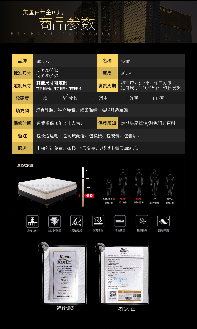 白色 1800*2000*300 商品品牌金可儿(kingkoil) 商品分类乳胶床垫