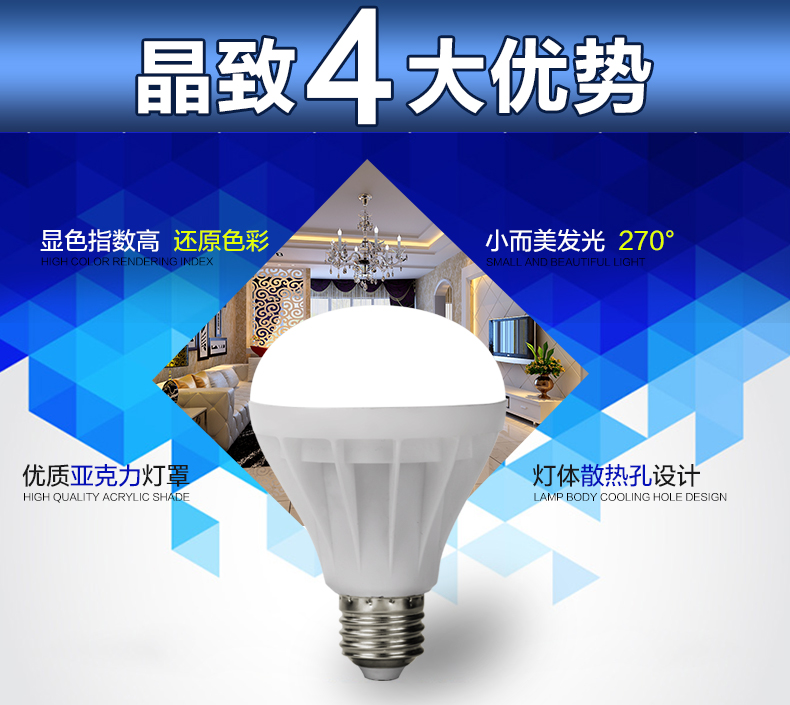 晶致照明 led灯泡节能灯E27大螺口白光3W5W球泡灯 E14小螺口家用大功率灯 3WE27白光高亮款