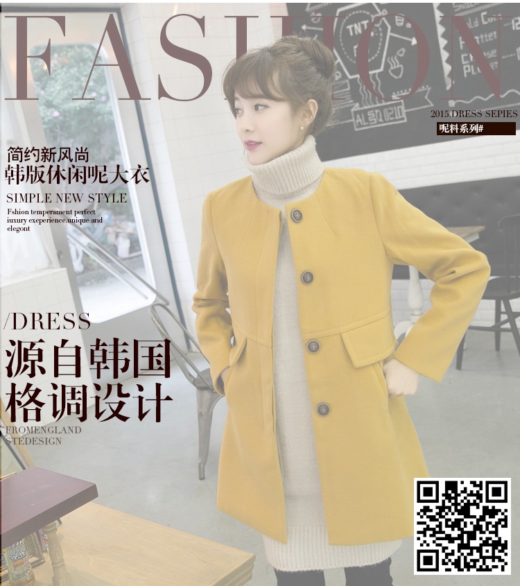 2015秋装新款女装毛呢大衣女日韩OL气质显瘦中长款修身呢子外套女呢大衣 图片色 L