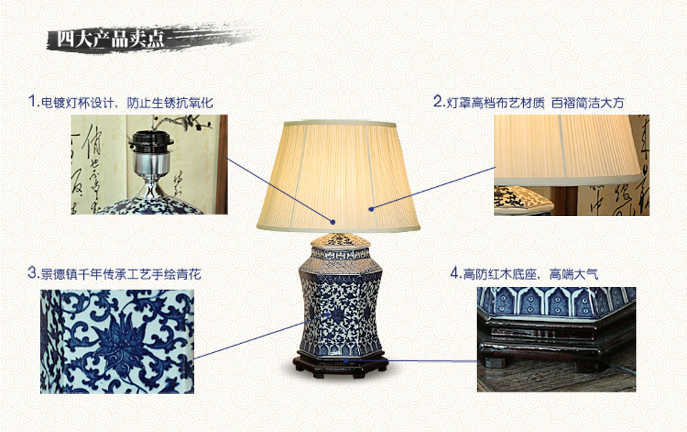 陶瓷客厅装饰台灯 卧室床头灯具  中式古典青花灯饰送光源  景德镇唐英 A款 六福临门