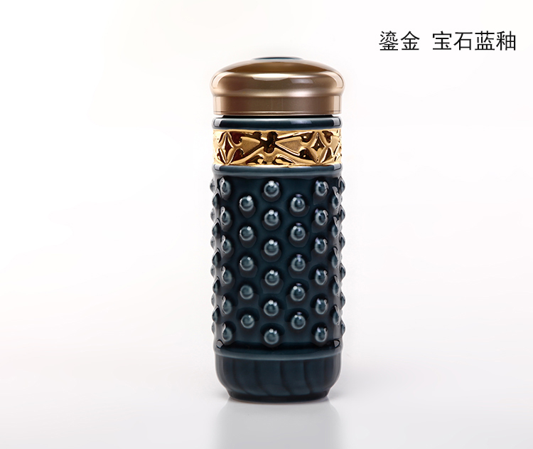 乾唐轩活瓷杯 鎏金大乾坤随身杯 双层陶瓷茶杯 水杯 带盖随手杯 商务礼品 企业团购订制 宝石蓝+金