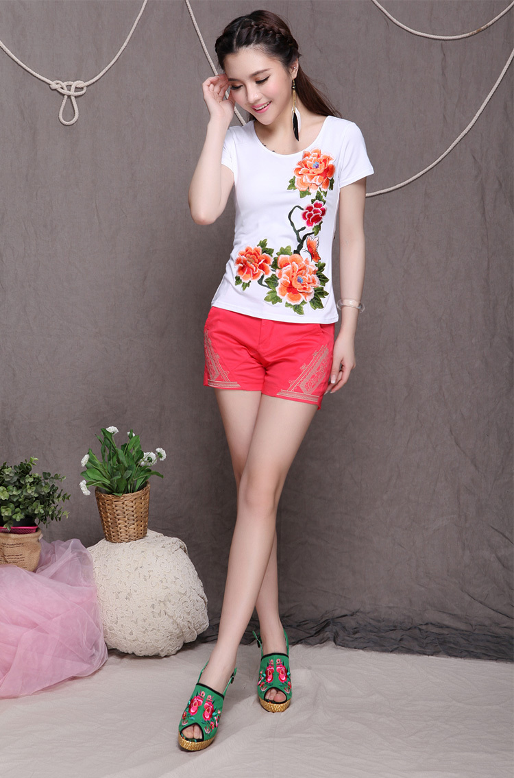 4夏季新款 民族特色女装 绣花亚麻 女裤 <em>休闲短</em>