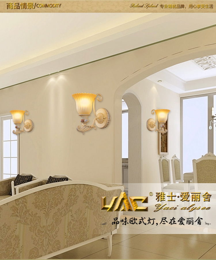 雅士爱丽舍 欧式壁灯 客厅卧室餐厅书房 彩描手绘田园浪漫风铁艺树脂灯 YC-91466 2头-壁灯